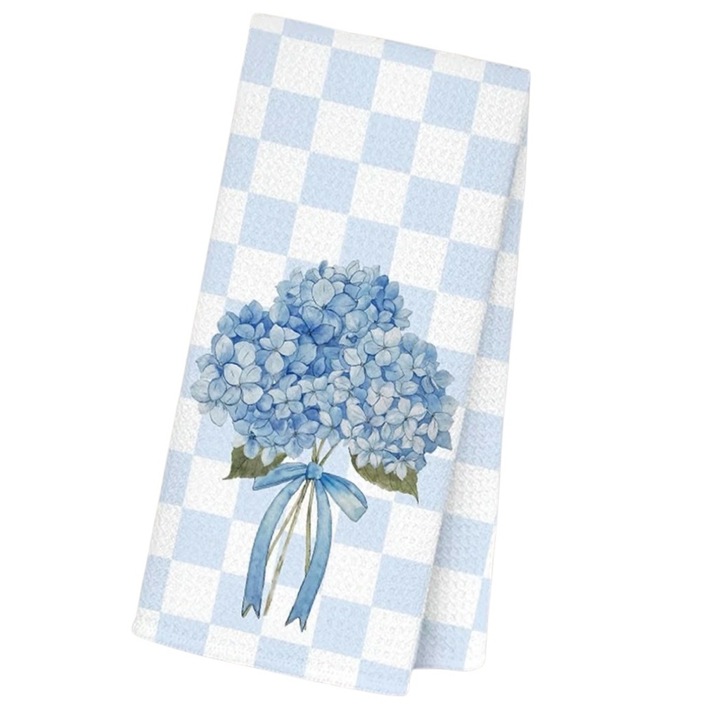 Gingham Check and Hydrangea Kitchen Hand Towel Light Blue 16” x 24”